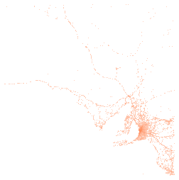 43,522 crash sites drawn in 2,308 cells of 0.05 degrees, the fullest with 2,755.