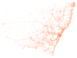 92,184 crashes drawn in 5,561 cells of 0.05 degrees, the fullest with 2,019.