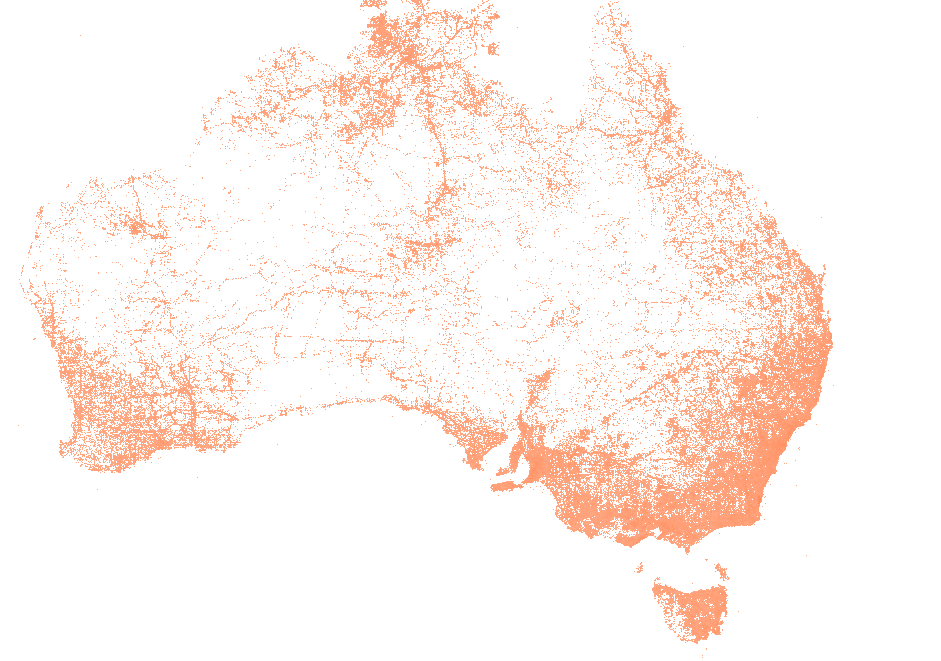 1,430,870 eucalypt records drawn in 71,663 cells of 0.05 degrees, the fullest with 6,565.