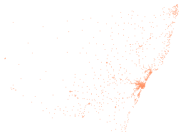 2,209 schools drawn in 932 cells of 0.05 degrees, the fullest with 27.
